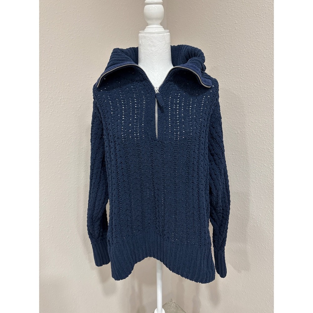 Aerie Quarter Zip Chenille Sweater Small Navy Blue Coastal Preppy Cable Knit